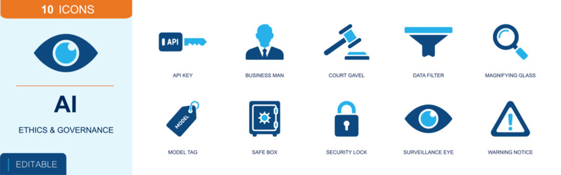 AI ethics and governance icon set. Containing API key, court gavel, data filter, model tag, safe box, security lock, surveillance eye, warning, search and more. Solid fill vector icons.