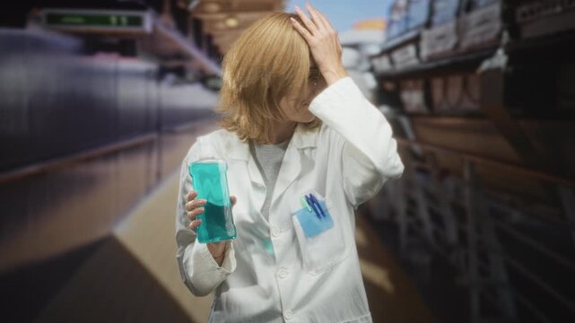 Woman doctor in white lab coat holding a mouthwash bottle on a crowded train platform, raising hand to forehead in a facepalm gesture; frustration hygiene confusion.