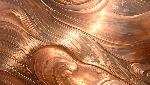 Close up of flowing wavy textured copper metal with intricate etched patterns, warm metallic luster, abstract background