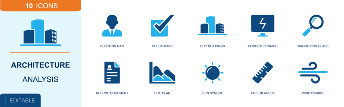 Architectural analysis icon set. Containing city buildings, site plan, tape measure, search, sun symbol, wind symbol, check mark, profile, document and more. Solid fill vector icons.