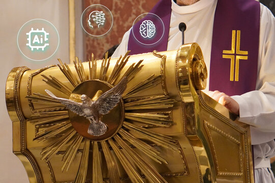 Religion, church, and artificial intelligence. Faceless image of a priest officiating Mass from a pulpit, with floating icons of artificial intelligence and technology. Pope. Encyclical