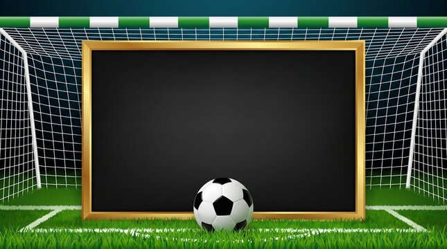 Empty blackboard with golden frame and soccer ball on green grass field