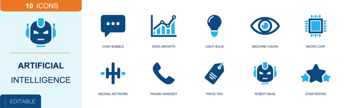 AI icon set. Containing chat bubble, data growth, light bulb, machine vision, micro chip, neural network, phone handset, robot head, star ratings and more. Solid fill vector icons.