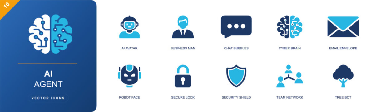 AI agent icon set. Containing AI avatar, businessman, chat bubble, cyber brain, email envelope, robot face, secure lock, security shield, team network and more. Solid fill vector icons.