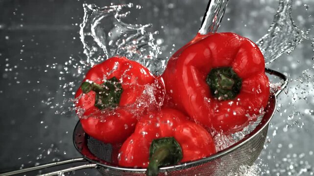 Kitchen closeup red bell peppers rinsed in metal strainer with pouring Filmed on a high-speed camera at 1000 fps.