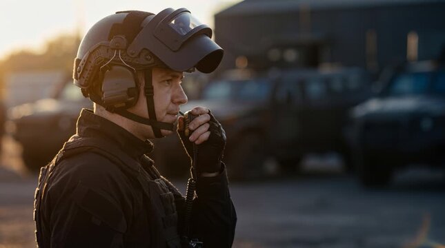 Troops get ready for training while wearing virtual reality equipment. The sun sets in the background, casting shadows on the ground. Soldiers focus on their tasks and communicate