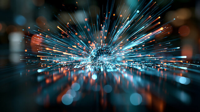 Explosive burst of dynamic speed lines radiating outward from a central point, representing a conceptual high-tech display of data transmission speed, global business connectivity, and
