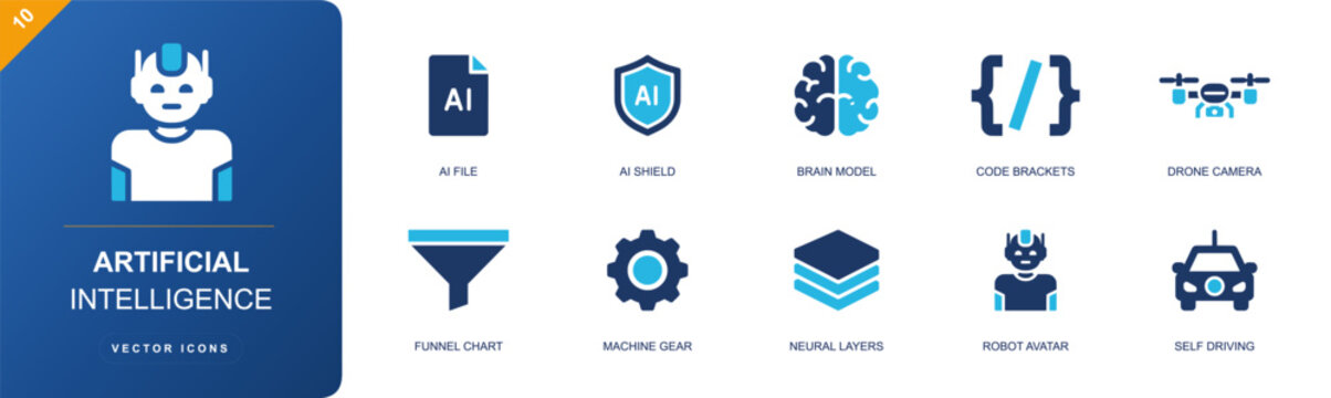 Artificial intelligence icon set. Containing AI file, AI shield, brain model, code brackets, drone camera, machine gear, neural layers, robot avatar and more. Solid fill vector icons.