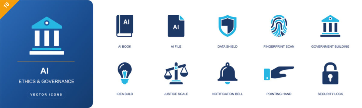 AI governance icon set. Containing AI book, AI file, data shield, fingerprint scan, government building, justice scale, notification bell, security lock and more. Solid fill vector icons.