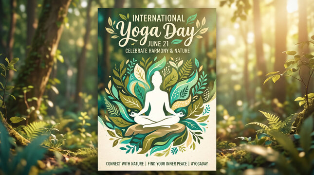 International yoga day poster with botanical foliage and silhouette