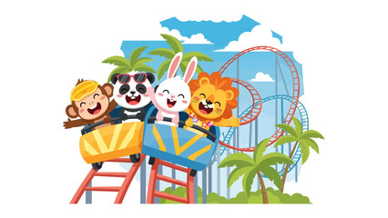 Fototapeta premium Amusement Park Adventure: Cartoon animals, including a monkey, panda, rabbit, and lion, ride a roller coaster in a vibrant amusement park, surrounded by palm trees and blue skies.