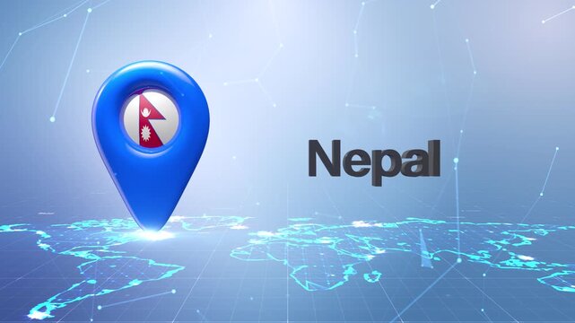 Nepal Flag Inside Location Pin On Digital World Map Animation