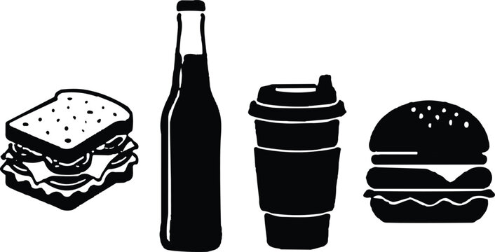 Fast food silhouette icons, black vector illustration of sandwich, bottle, coffee cup, and hamburger, isolated on white background, eps10 format.