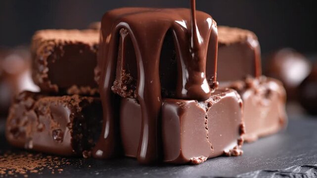 Stack of rich chocolate truffle cubes on slate surface.
