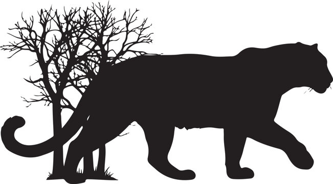 Panther silhouette walking beside leafless trees at night, Generative Ai