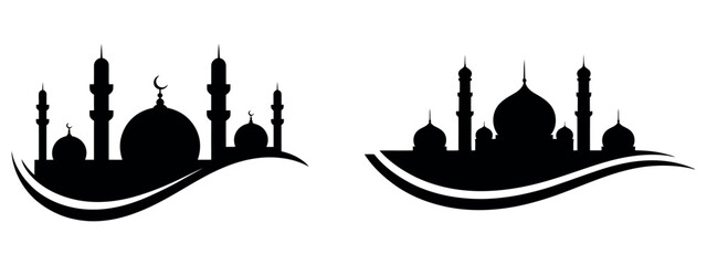 Black silhouette icons of traditional islamic mosques with domes and minarets on white background. © akram