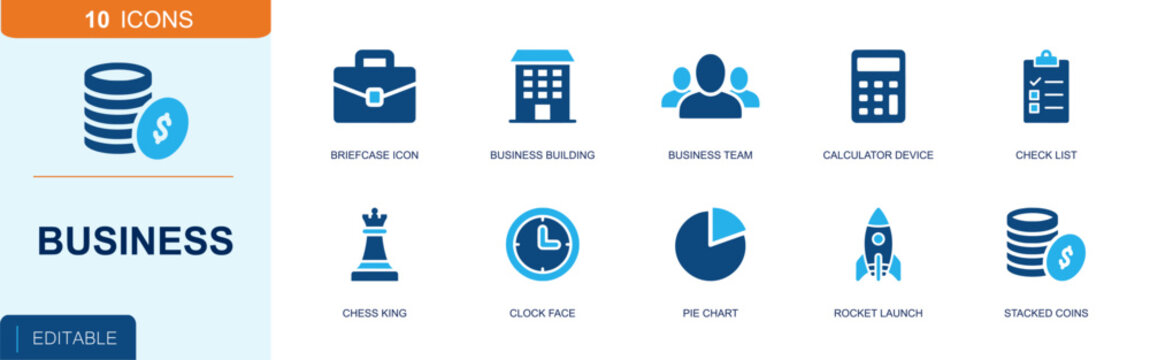 Business icon set. Containing briefcase, office building, business team, calculator device, checklist, chess king, clock face, pie chart, stacked coins and more. Solid fill vector icons.
