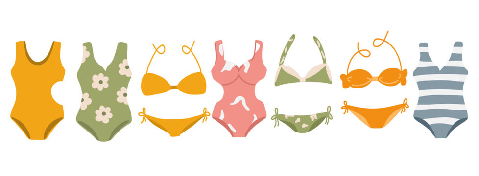 Stylish swimwear collection: halter neck, lace up, striped one-piece, bikini, sports swimwear, wrap swimwear, summer beach fashion (vector image).