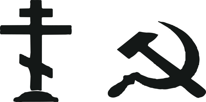 Orthodox cross and hammer and sickle black silhouette icons, religion and communism symbols, isolated on white background, vector illustration eps10.