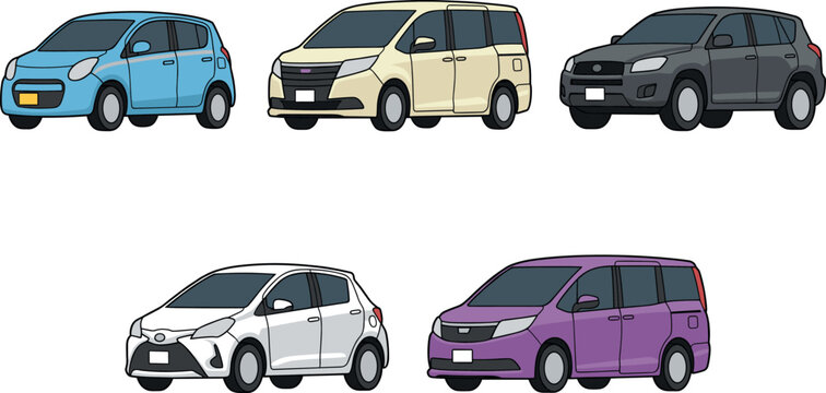Japanese car vector set with mini van suv hatchback flat color illustrations isolated on white background