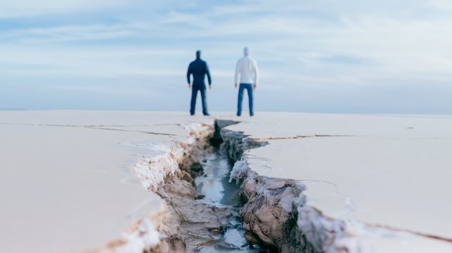 Two people standing on opposite sides of a large crack in dry earth, representing concepts of separation, conflict, and distance
