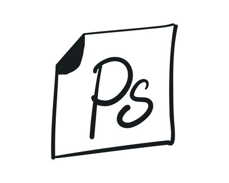 Black line sketch of software document icon with ps letters