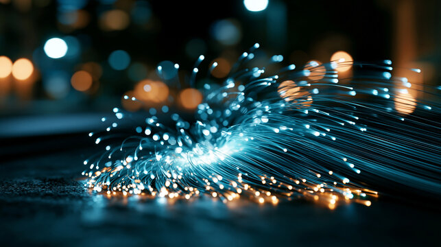 Glowing optical fiber strands flying dynamically outward from a deep central point against a dark abstract background, the vivid light filaments creating a sense of speed, data
