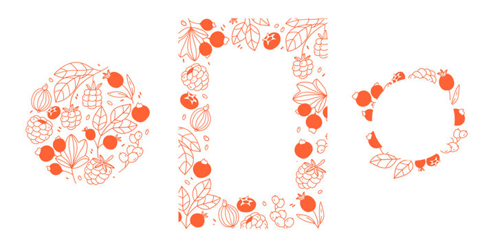 Set of hand-drawn berry frames and templates in sketch style. Collection of outline borders with strawberries, raspberries, blueberries, leaves and small branches. Perfect for recipe cards, menu templ