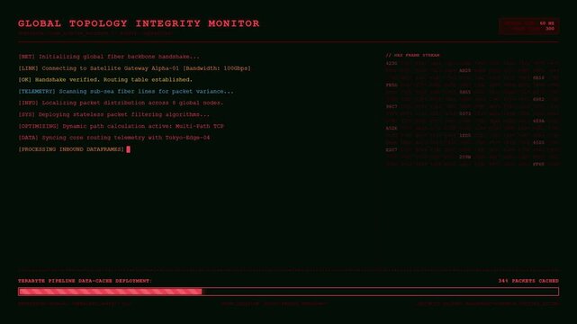 Global Topology Integrity Monitor Displaying Network Telemetry Hex Frame Stream Logs And Inbound Data frames Progress Red HUD Terminal Screen.