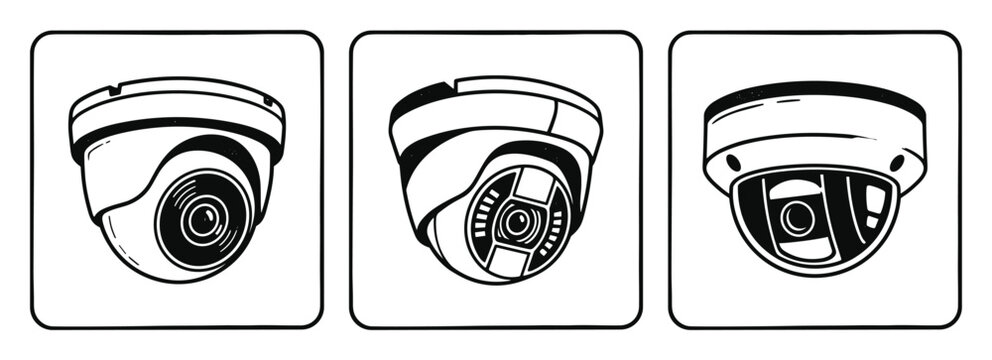 Cctv dome security camera icons in square border frames