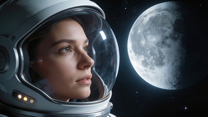 Obraz premium Lunar mission specialist gazing at the moon during deep space travel. Close-up of a female traveler in a white spacesuit helmet observing the lunar surface from orbit.