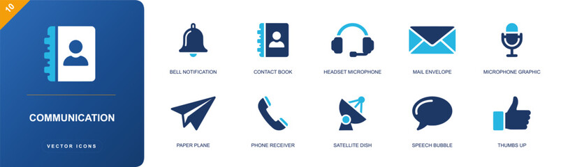 Communication icon set. Containing bell, contact book, headset, mail envelope, microphone, paper plane, phone receiver, satellite dish, speech bubble and more. Solid fill vector icons. © Anna
