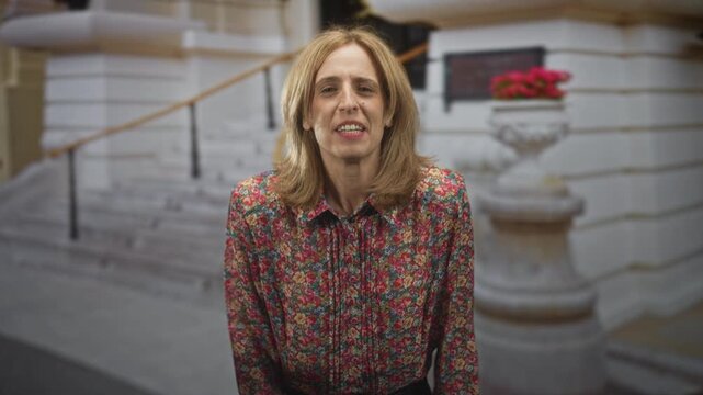 Woman clutches blouse with hands and mouth open in front of building stairs and planter; emotional release frustration.