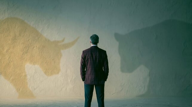 Businessman facing conflicting bull and bear market shadows, symbolizing financial challenges, investment strategy, and economic uncertainty