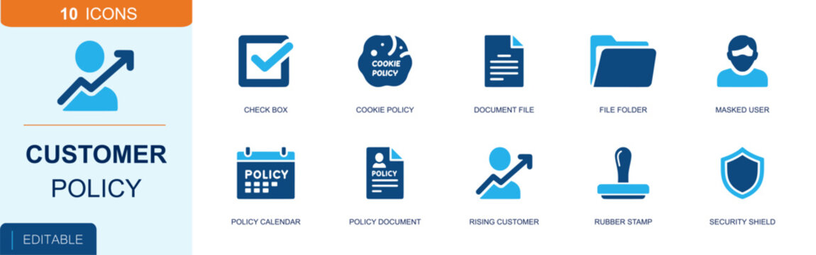 Customer policy icon set. Containing checkbox, cookie, document file, file folder, masked user, policy calendar, policy file, rubber stamp, security shield and more. Solid fill vector icons.