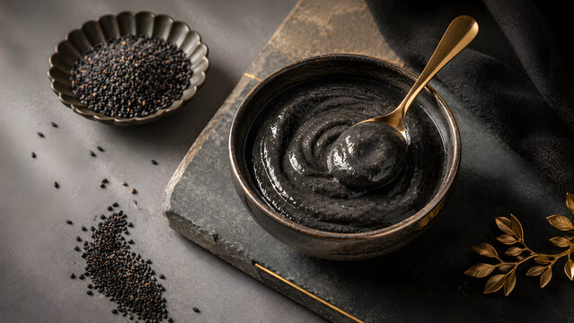 Luxury Black Sesame Paste Texture in Ceramic Bowl with Gold Spoon, Premium Asian Food Ingredient Concept