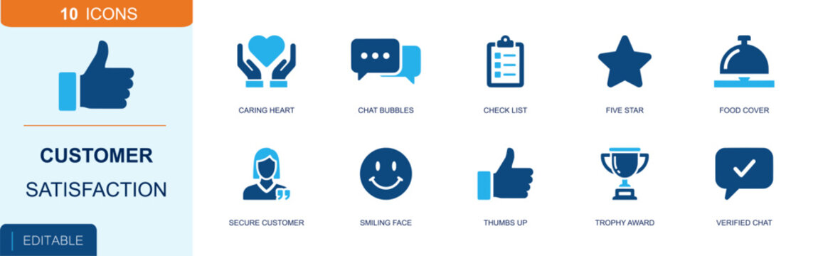 Customer satisfaction icon set. Containing caring heart, chat bubbles, checklist, five star, cloche, secure customer, smiling face, thumbs up, trophy award and more. Solid fill vector icons.