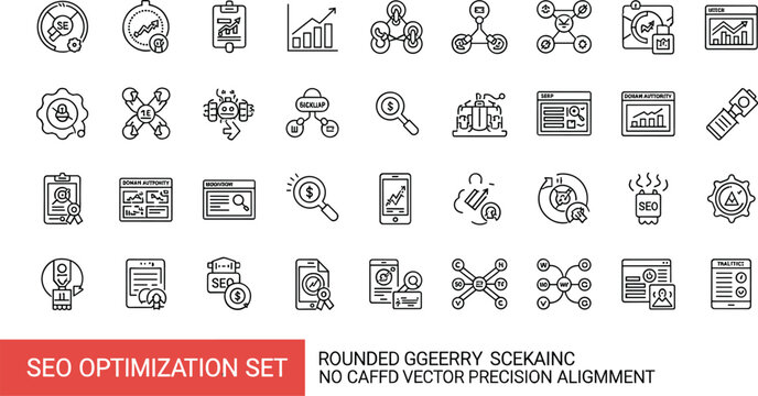 SEO Optimization Icon Set Rounded Geometry Search Analytics Website Audit Digital Marketing Strategy Performance Monitoring Line Vector Interface Collection Pack