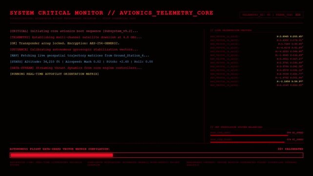 System Critical Monitor Avionics Telemetry Core Running Real Time Autopilot Orientation Matrix Autonomous Flight Data Shard Progress Status Red HUD Screen.