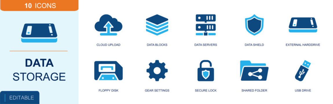Data storage icon set. Containing cloud upload, data blocks, data servers, data shield, hard drive, floppy disk, gear settings, secure lock, shared folder and more. Solid fill vector icons.