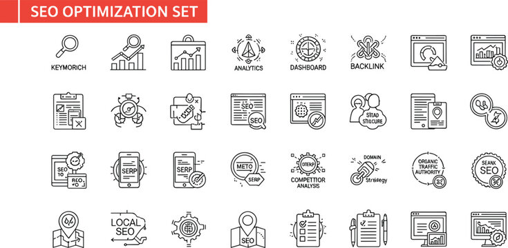SEO Optimization Icon Set with Keyword Research Backlink Analysis Dashboard Monitoring Local SEO Strategy Analytics Thin Line Vector Collection