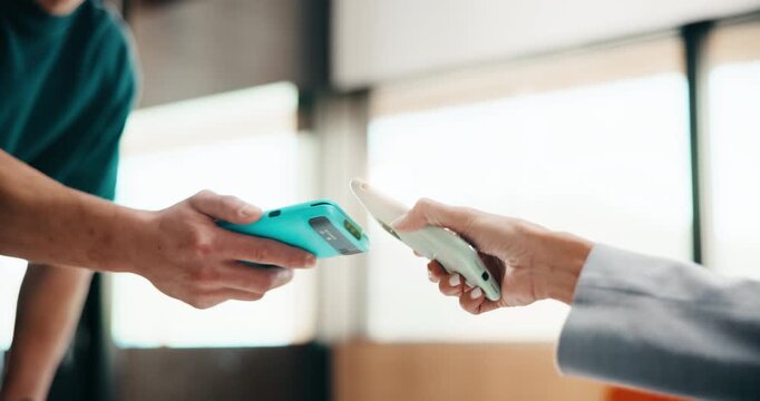 Machine, phone and hands of cashier with customer for payment, pos or loyalty points on electronic card. Cellphone, fintech and worker with person for credit transaction, app or contactless purchase.