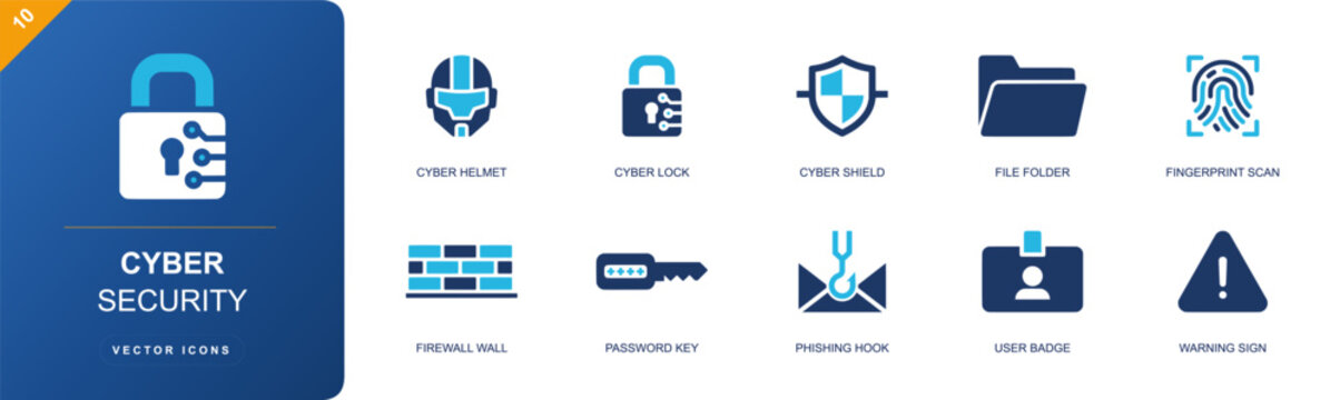 Cyber security icon set. Containing cyber lock, cyber shield, folder, fingerprint scan, firewall, password key, phishing hook, user badge, warning sign and more. Solid fill vector icons.