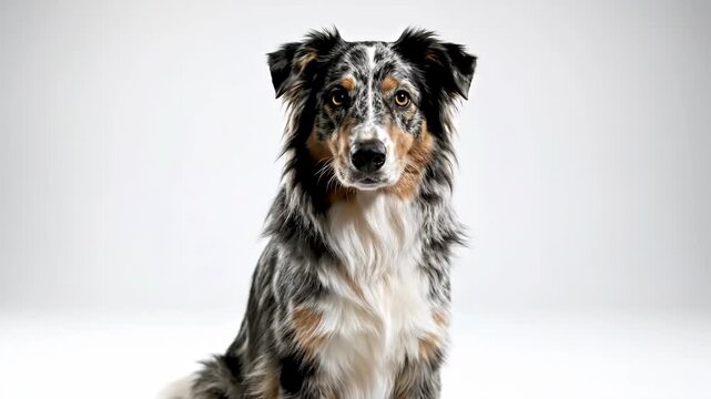 Blue Merle Australian Shepherd Dog Sitting Attentively Looking Around with Alert Expression