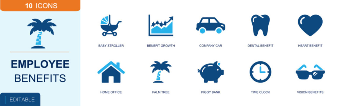 Employee benefits icon set. Containing stroller, company car, dental care, heart care, home office, paid vacation, savings, time clock, vision care and more. Solid fill vector icons.
