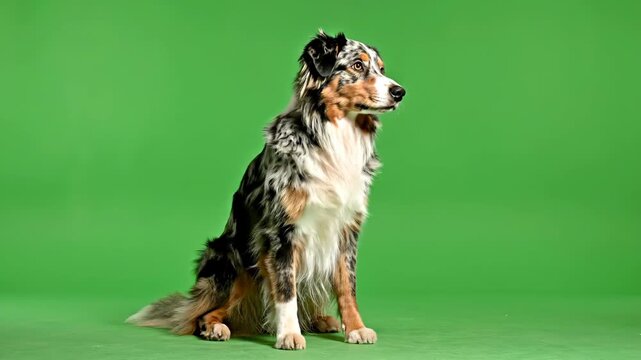 Green Screen Australian Shepherd Dog Sitting Calmly and Looking Around