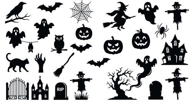 Spooky Halloween Silhouette Element Bundle with Haunted House Pumpkin Ghost Scarecrow Witch and Graveyard Shapes for Festive October Holiday Graphic Designs