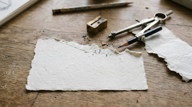 Artistic Mess: A blank torn paper sits on a wooden table, surrounded by drawing and drafting tools such as a pencil, pencil sharpener, and compass, ready for creative work.