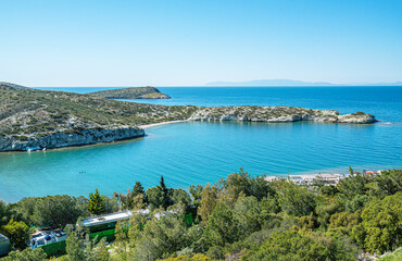 Obraz premium The scenic views of Foça (Phokaia) with its historical wonders and natural beauty, beaches, islands, and bays, are situated on the beautiful Aegean coastline just 70 kilometers north of İzmir, Turkey.
