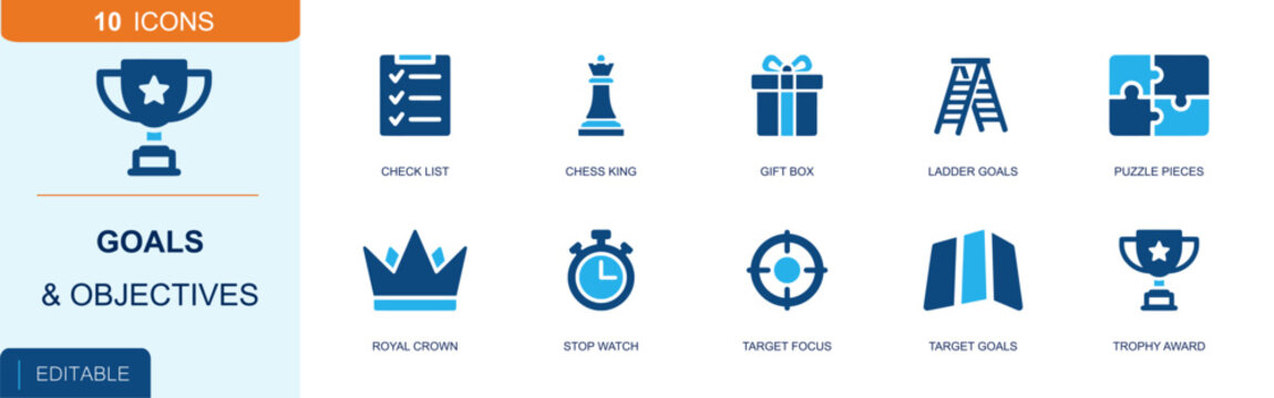 Goals and objectives icon set. Containing checklist, chess king, gift box, ladder, puzzle pieces, royal crown, stopwatch, target focus, trophy award and more. Solid fill vector icons.